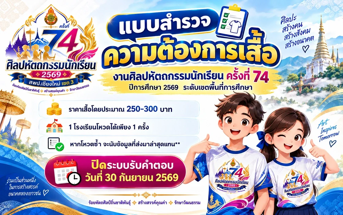 แบบสำรวจความต้องการเสื้องานศิลปหัตถกรรมนักเรียนครั้งที่ 74 ปีการศึกษา 2569 ระดับเขตพื้นที่การศึกษา
